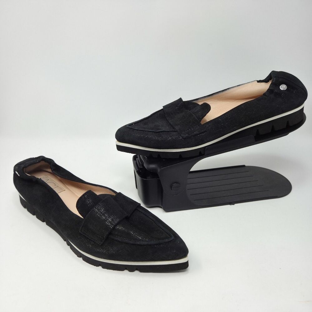 AGL Pointed Toe Loafers Slip On Shoes Black Shimmer Leather EU 38 US 8